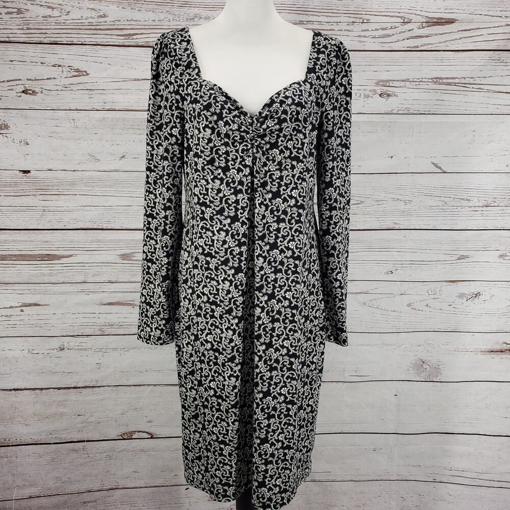 Boden Black & White Floral Sweetheart Neck Midi Dress Size 14 Long Sleeve